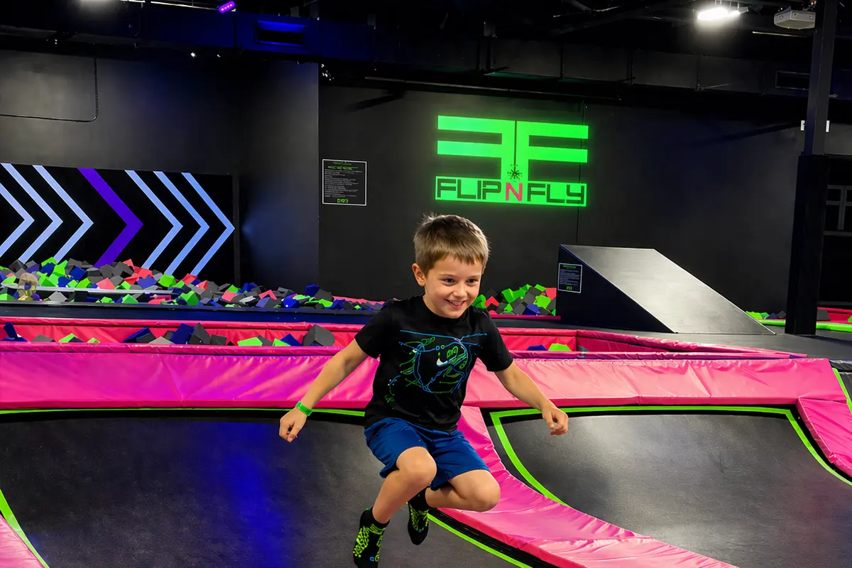 Kid jumping on trampolines at Flip N Fly trampoline park in Wilmington NC