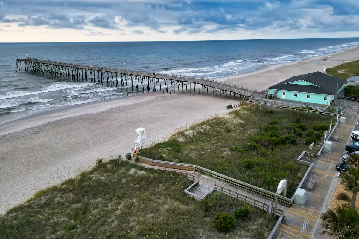 Aerial view of Kure Beach pier and beach in North Carolina